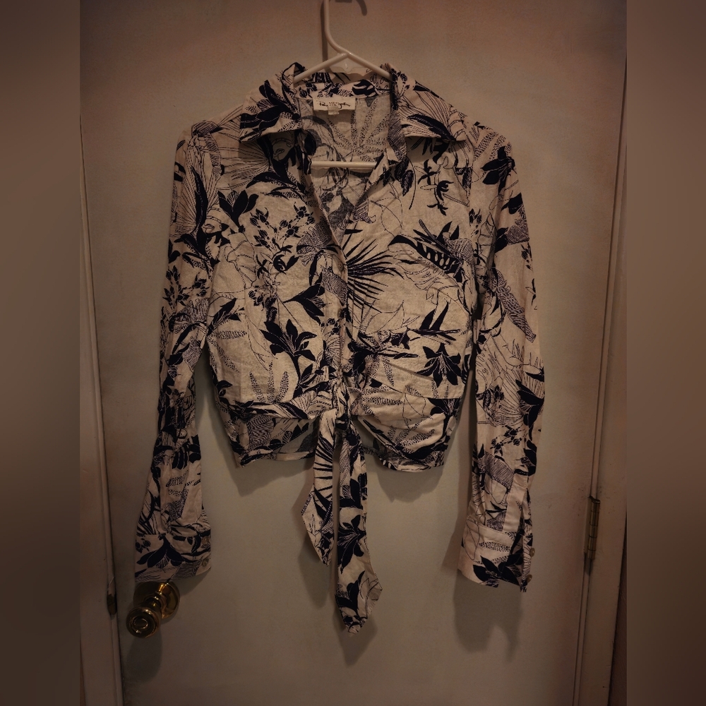 Panama Jack Navy and Ivory Floral Tie-Front Button Down